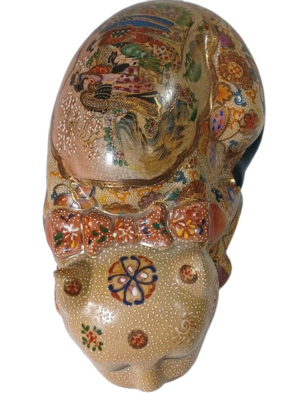 Vintage Japanese Satsuma Sleeping Cat Cloisonne Moriage Gold Accents Geishas But - Picture 11 of 12